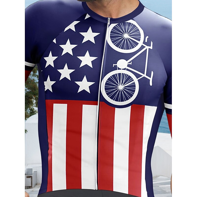 Men's Cycling Jersey Graphic Geometric Independence Day Short Sleeve Bike Tee Tshirt Jersey Top with 3 Rear Pockets UV Resistant Quick Dry Front Zipper Reflective Strips Sports Navy Blue Clothing4