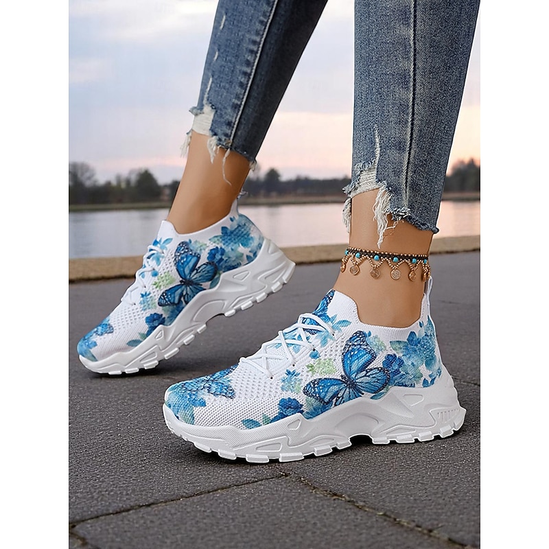Women's Flyknit Sneakers with Blue Butterfly Print – Fashionable Lightweight Trainers for Walking, Casual Outings and Travel2
