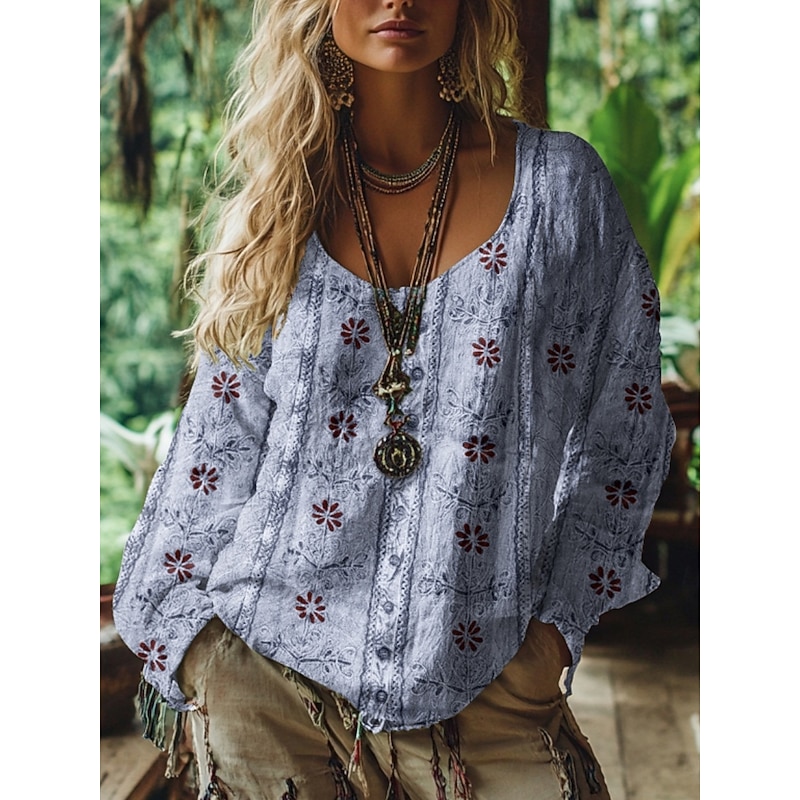 Women's Western Blouse Boho Shirt Blouse Flower Modern Casual Long Sleeve V Neck Regular Tops Daily Holiday Going out Print Light Green Pink Blue Purple Green Summer Autumn