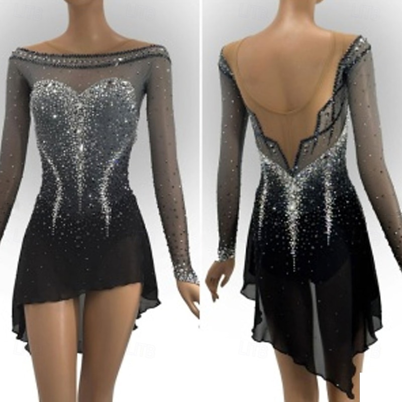 Figure Skating Dress Women's Girls' Ice Skating Dress Black Patchwork Open Back Mesh High Elasticity Training Competition Skating Wear Classic Crystal / Rhinestone Long Sleeve Ice Skating Figure