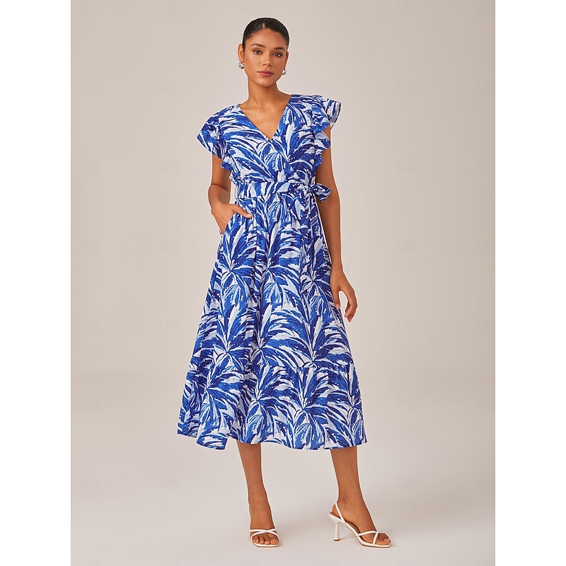 Petite Leaf Print Drawstring Rufle Sleeve Midi Dress