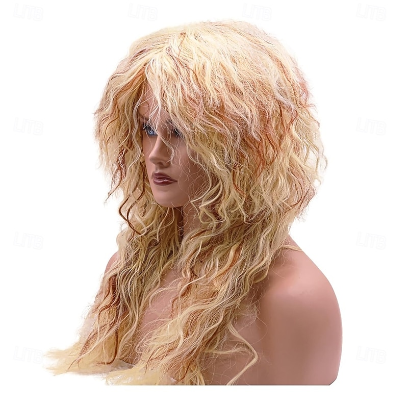 70s 80s Long Curly Wig Rocker Mullet Wigs Blond for Men Women Funny Wigs Punk Rocker Cosplay Synthetic Halloween Disco Party3