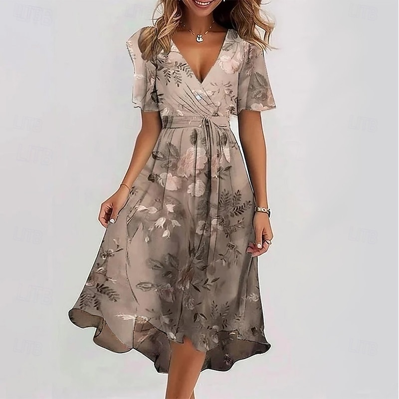 Women's Midi Dress Floral Dress Print Dress Classic Modern Outdoor Daily Holiday Regular Fit Flower Short Sleeve V Neck Red Blue Green Apricot Summer4