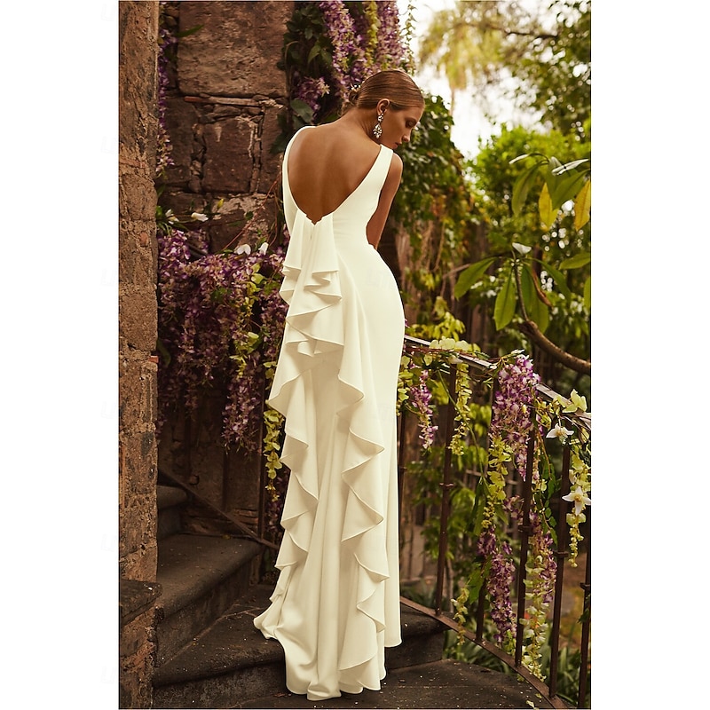 Beach Wedding Hall Open Back Casual Wedding Dresses Sheath Scoop Neck Sleeveless Sweep / Brush Train Stretch Fabric Bridal Gowns With Draping3