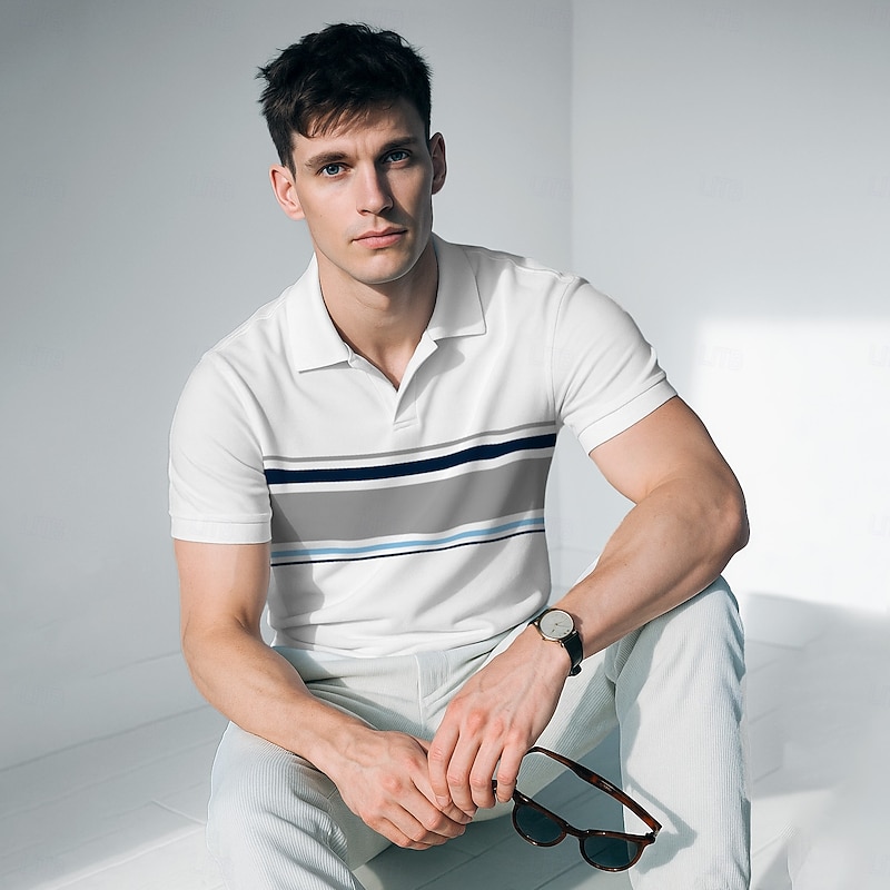 Men's Polo Work Business Seagull collar Short Sleeve Vacation Vintage Color Block Striped Color Block Stripe Summer Spring Black White Navy Blue Polo