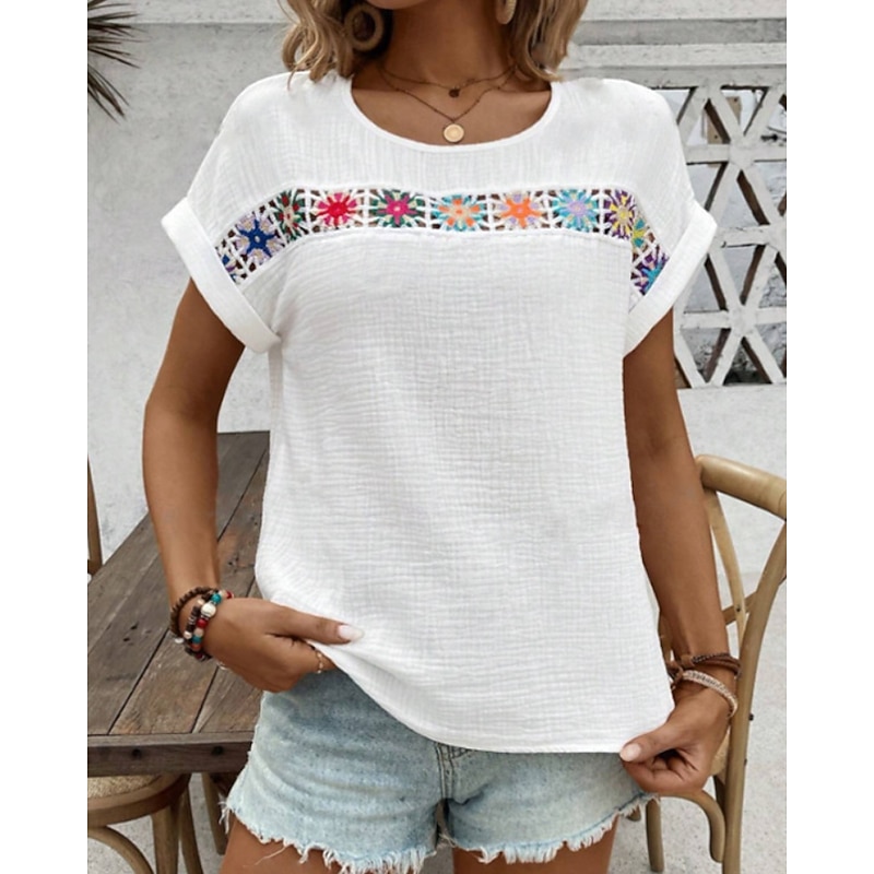 Women's T Shirt Floral Modern Casual Short Sleeve Crew Neck Regular Tops Daily Weekend Patchwork White Green Beige Summer