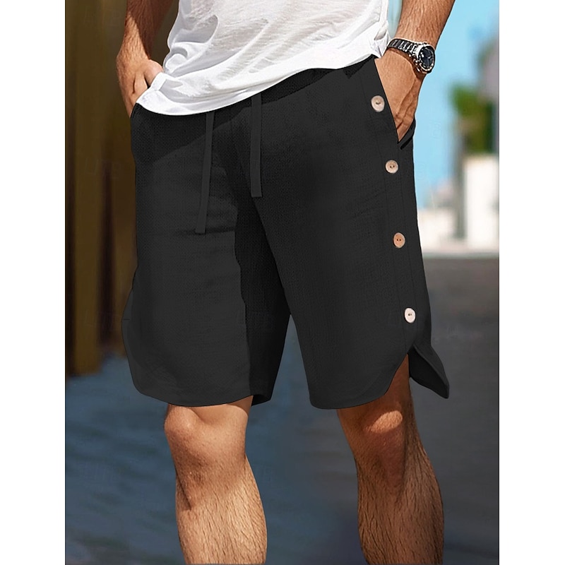 Men's Shorts Linen Shorts Summer Shorts Buttons Front Pocket Straight Leg Plain Comfort Breathable Knee Length Outdoor Vacation Party Fashion Basic Black White4