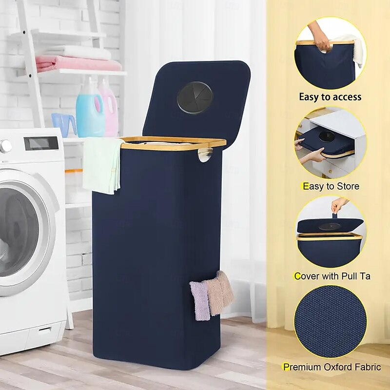 Recycling Bin for Kitchen Indoor Home, 100L/26.5 Gallon Foldable Trash Can with Bamboo Frame, Removable Inner Bags, Oxford Fabric, Round Top Opening, Waste Sorter for Closet Hotel Use3