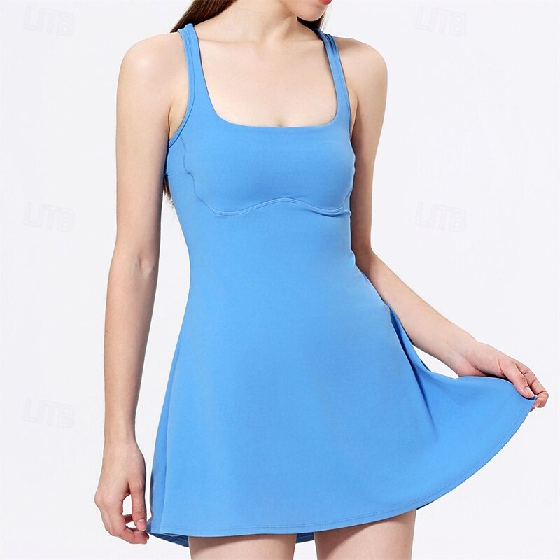 Women's Solid Colored Tennis Dress with Built in Shorts and Bra Sports Dress Sleeveless Cut Out Moisture Wicking Breathable Tennis Golf Pickleball Square Neck Open Back White Yellow Dark Navy Tennis2
