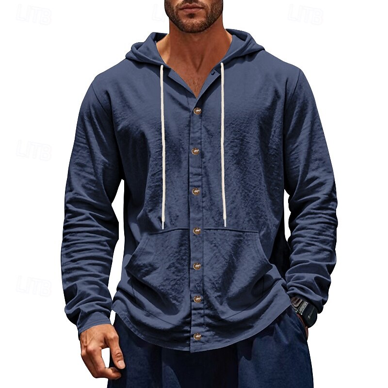 Men's Shirt Linen Shirt Summer Shirt Beach Wear Hooded Shirt Untucked Shirts Solid Color Vacation Street Black White Navy Blue Sky Blue Long Sleeve Hoodie Summer Spring Clothing Apparel4
