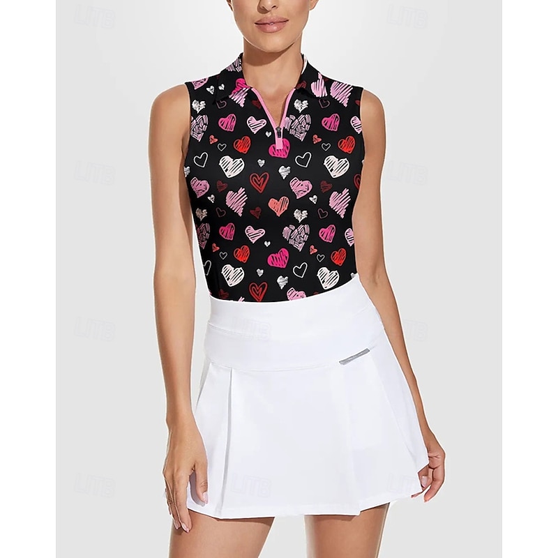 Women's Heart Tennis Shirt Sleeveless Print UPF50+ Quick Dry Tennis Golf Badminton Zip Collar Tee Tshirt Top Black Tennis Clothing