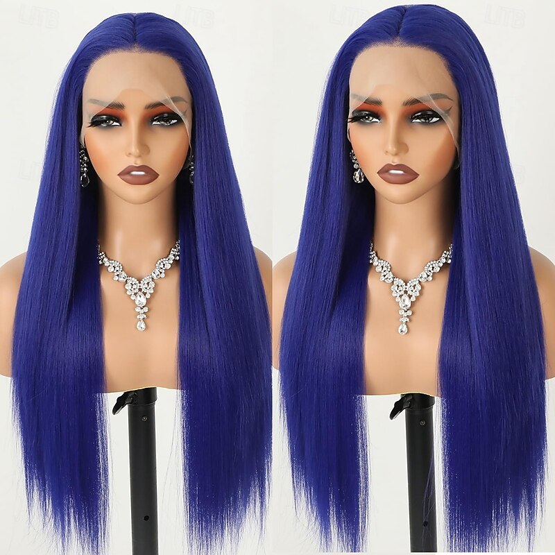 13x4 Blue Color Lace Front Human Hair Wig Straight Hair Transparent Front Lace Wig 150% Density3