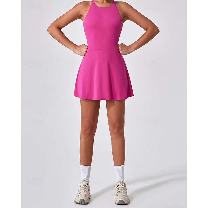 Women's Solid Colored Tennis Dress with Built in Shorts and Bra Sports Dress Sleeveless Cut Out Breathable Tennis Golf Pickleball Round Neck Dress Black Dark Navy Brown Tennis Clothing