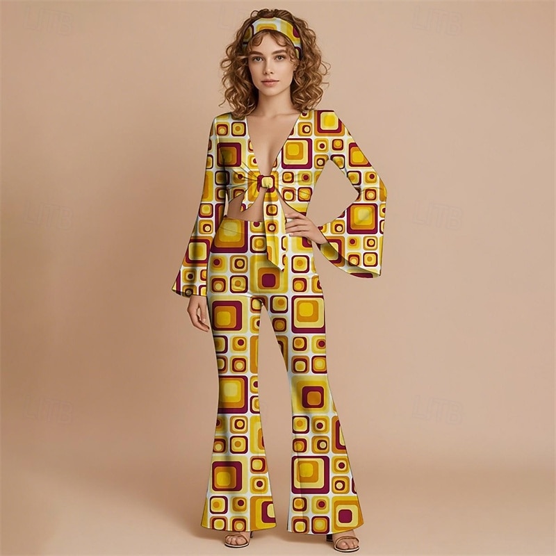 Retro Vintage 1970s Groovy Tie Front Flared Pants Set Hippie Disco Geometic Psychedelic Fancy Dress Women's Halloween Carnival Vacation Music Festival Festival Adults' Top Pants Headband