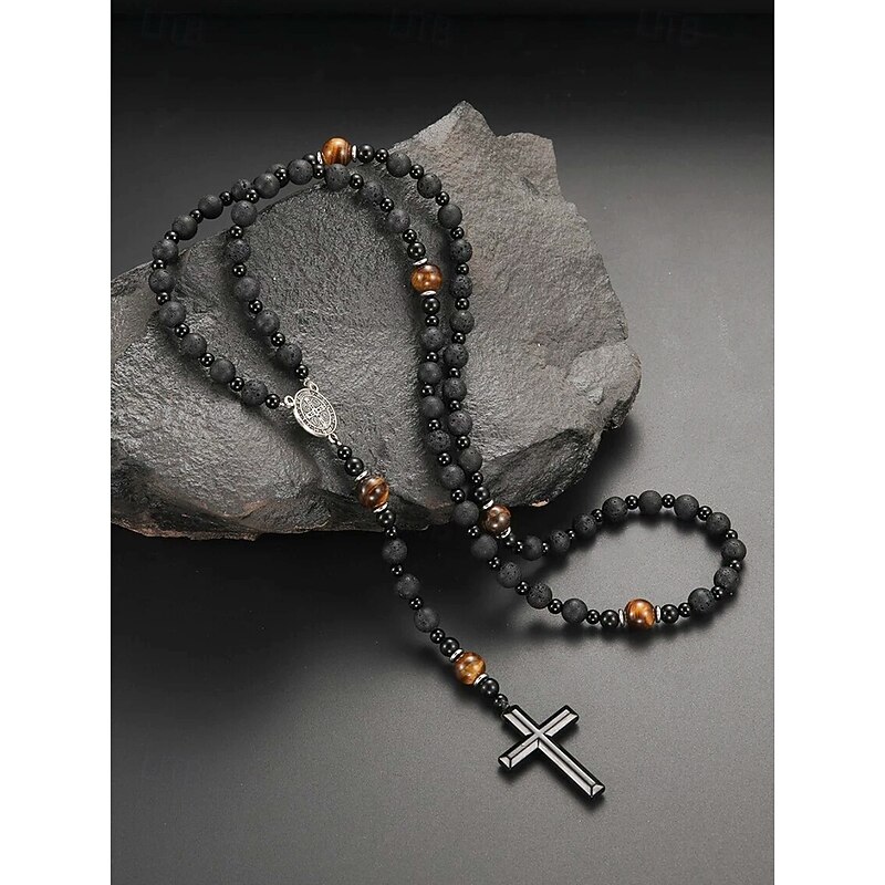 Men's Black Lava Stone and Tiger Eye Cross Pendant Necklace – Stainless Steel Spiritual Beaded Necklace with Adjustable Length, Perfect Father's Day Gift for Casual and Religious Wear