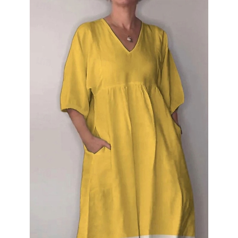 Women's Midi Dress Sundress A Line Dress Vacation Casual Boho Going out Beach Graphic Geometric 3/4 Length Sleeve V Neck Yellow off-white Summer Spring2