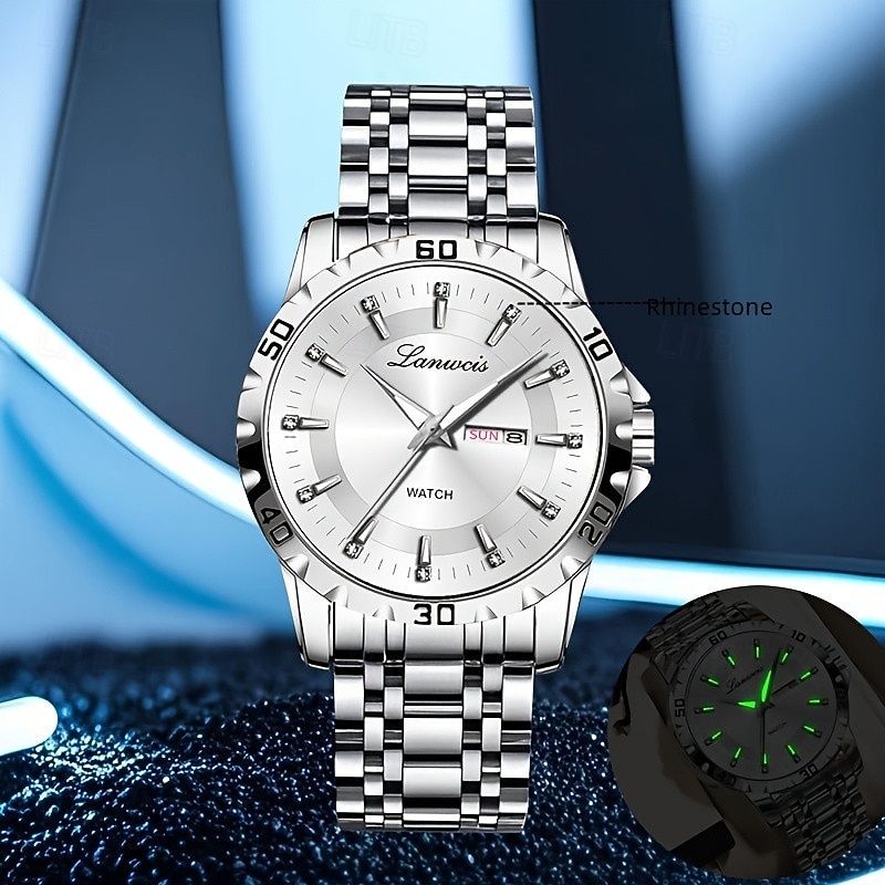 Men's Quartz Watch – Stainless Steel Strap, IPX7 Waterproof, Luminous Hands, Day & Date Display, Business Style, Fashion Multi-Function Watch for Travel & Sports