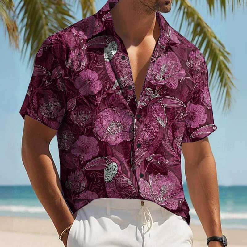 Men's Floral Print Tropical Flowers Parrot Shirt Summer Hawaiian Shirt Button Up Shirt Short Sleeve Hawaiian Resort Vacation Holiday Beach Wear Summer Spring Turndown 3D Print Collared Shirts Dark3