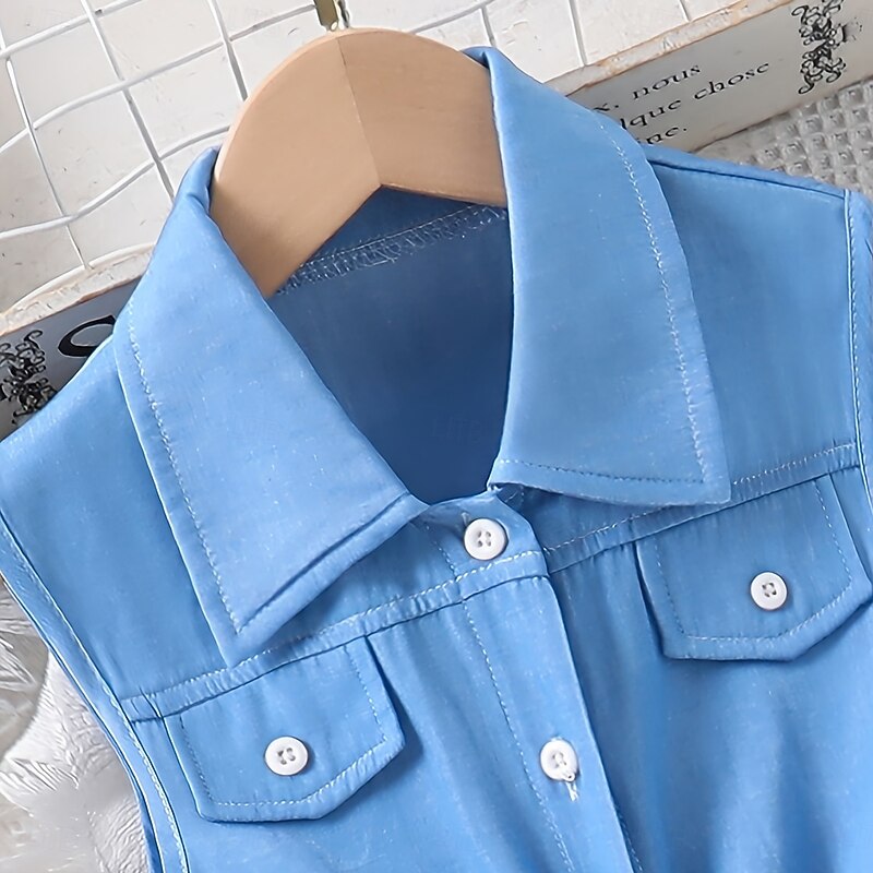 2 Pieces Kids Girls' Solid Color Tie Knot Dress Suits Set Sleeveless Fashion School 7-13 Years Summer Light Blue3