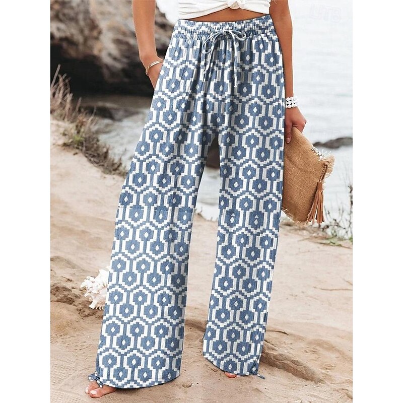 Women's Wide Leg Chinos Baggy Pants Vacation Fashion Hawaiian Full Length High Waist Floral Graphic Drawstring Printing Soft Breathable Micro-elastic Vacation Street Causal Violet off-white Deep Blue4