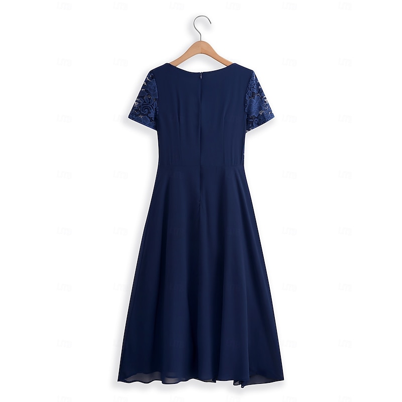 Women's Wedding Guest Cocktail Dress Chiffon Contrast Lace Ruffle Hem Elegant Formal  Midi A Line Dress Crew Neck Short Sleeve Dark Blue Color4
