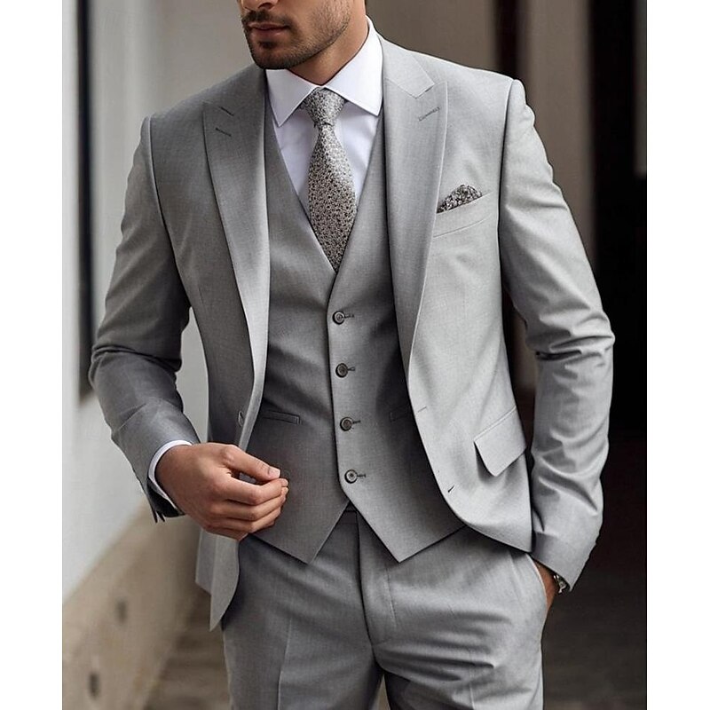 Men's Wedding Suits Peak Light Grey Daily Business Solid Colored Plus Size 3 Piece Single Breasted Two-buttons