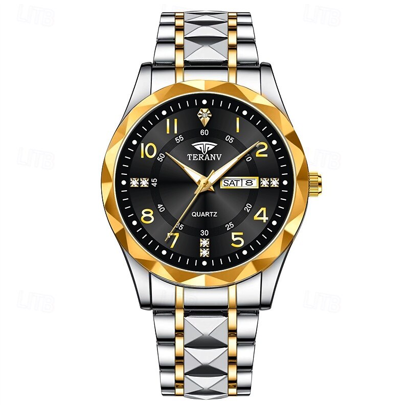A New Digital Diamond-Shaped Dial Elegant Men'S Quartz Watch - Ipx7 Waterproof Rating Luminous Date And Day Display Alloy Strap - Fashionable And Trendy Versatile For Casual Wear Ideal Gift For Li4