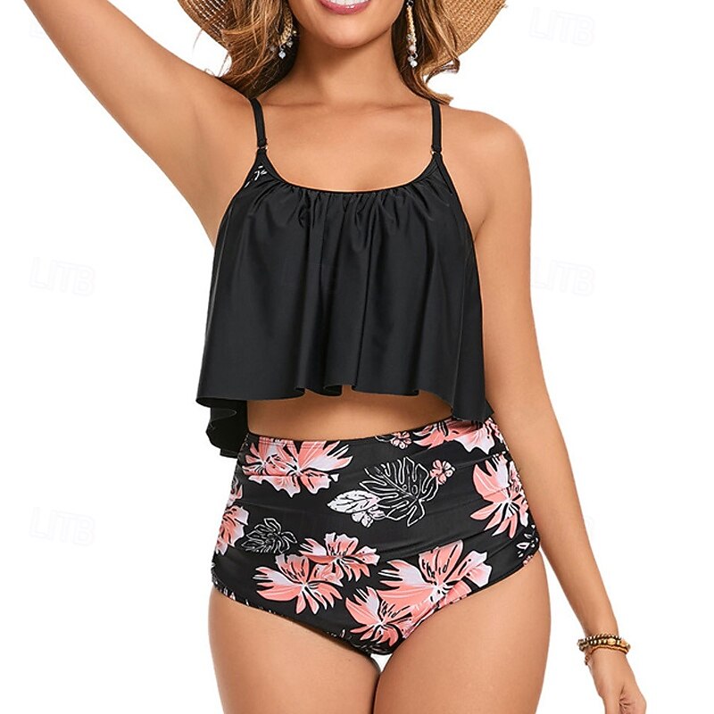 Women's Tankini Two Piece Swimsuit Racerback Swimwear Floral Swimwear Black Pink Breathable Quick Dry Sleeveless - Swimming Surfing Snorkeling Summer2