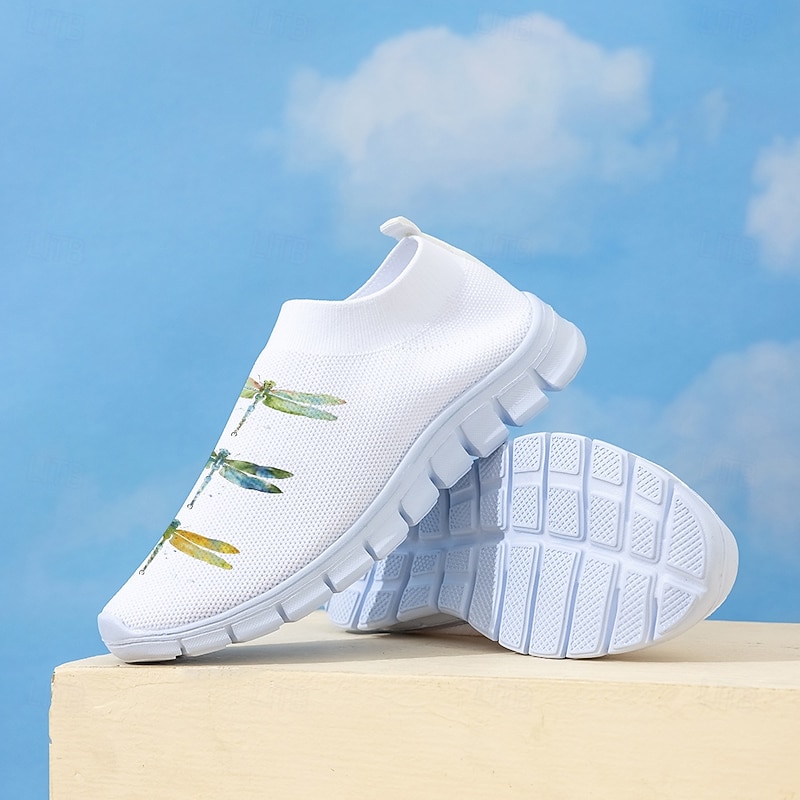 Women's White Fly Knit Walking Shoes with Colorful Dragonfly Print – Lightweight Breathable Casual Slip-Ons for Outdoor Walks, Summer Travel and Everyday Wear3