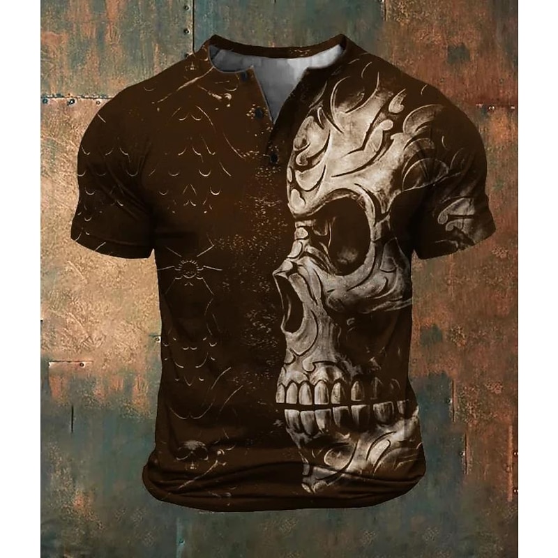 Men's Halloween Skull Cool Skulls T Shirt Henley Shirt Short Sleeve Designer Retro Vintage Street Casual Daily Summer Spring Dark Brown Black Henley Henley T-Shirt2