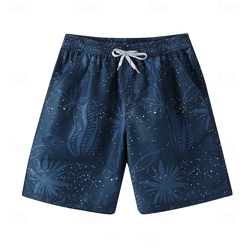 Men's Shorts Beach Shorts Drawstring Graphic Leaf Tree Quick Dry Outdoor Knee Length Outdoor Vacation Home Vacation Ethnic Style Navy Blue Stretchy3