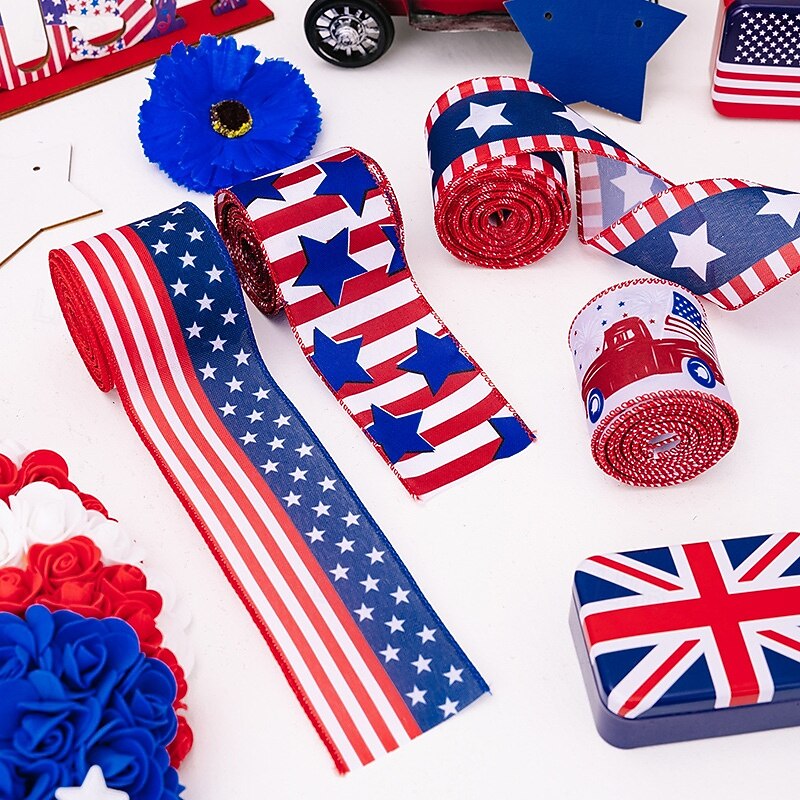 Patriotic 4th of July Ribbon, Independence Day USA Flag Stars Ribbon, Car and Home Decor, Indoor Outdoor Party Bow Decoration, Red White Blue4