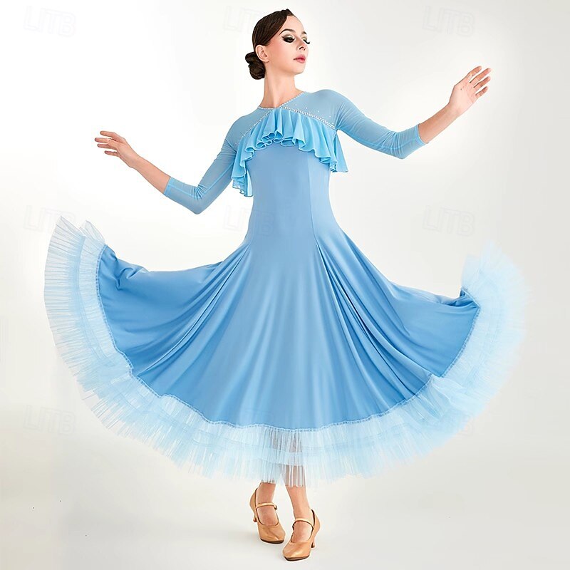 Ballroom Dance Dress Crystal / Rhinestone Splicing Women's Performance Party 3/4 Length Sleeve Crystal Cotton