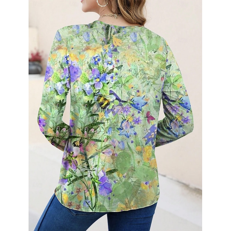 Women's T shirt Long Sleeve Crew Neck Long Sleeve Tunic Floral Graphic Plants Elegant Vintage Stylish Regular Tops Daily Print Pink Blue Purple Green Prefall2