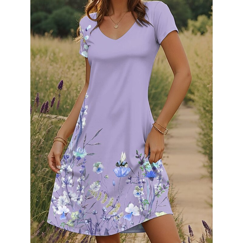 Women's Mini Dress T Shirt Dress Tee Dress Sundress Summer Dress Vacation Casual Boho Daily Going out Regular Fit Floral Graphic Short Sleeve V Neck Purple Green Summer3