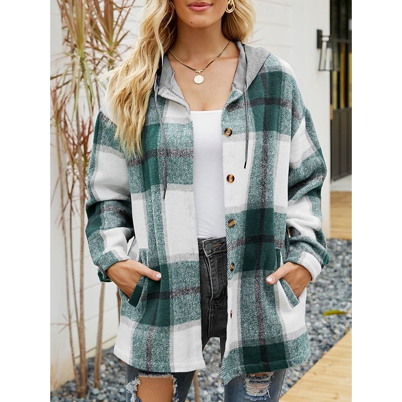 Women's Casual Jacket Dailywear Button Plaid Casual / Daily Vintage Loose Fit Outerwear Long Sleeve Summer Wine Red S