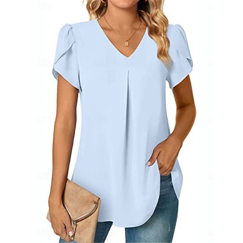 Women's Blouse Solid Color Basic Casual Short Sleeve V Neck Regular Tops Daily Black White Red Navy Blue Blue Summer2