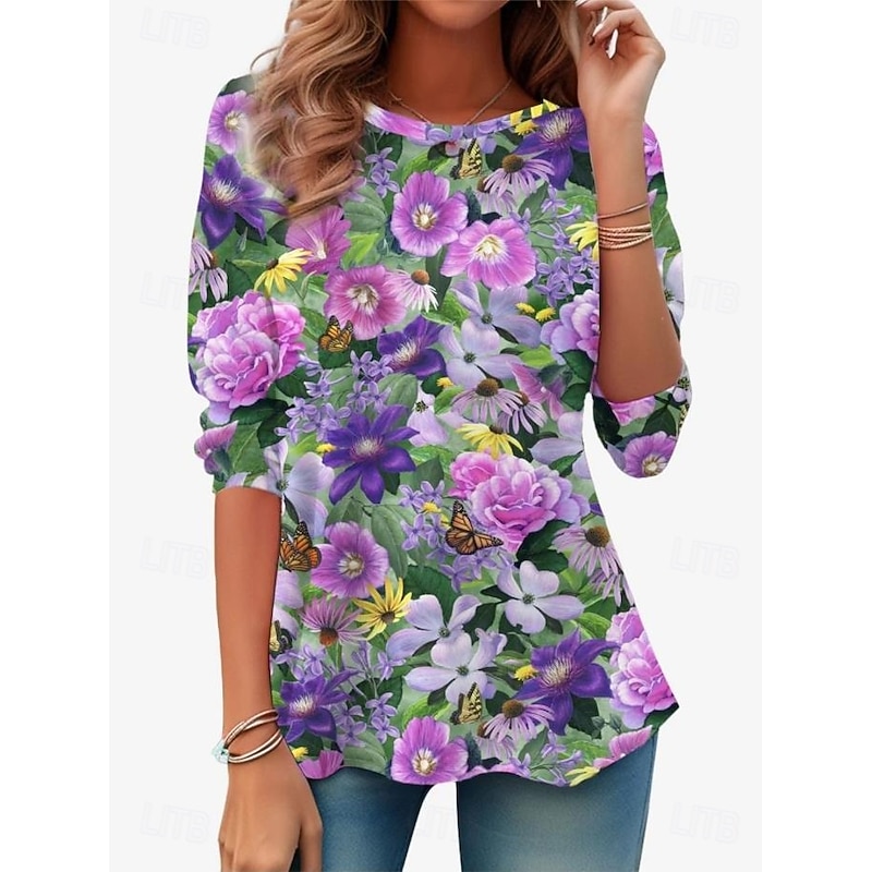 Women's T shirt Long Sleeve Crew Neck Long Sleeve Tunic Floral Graphic Plants Elegant Vintage Stylish Regular Tops Daily Print Pink Blue Purple Green Prefall3