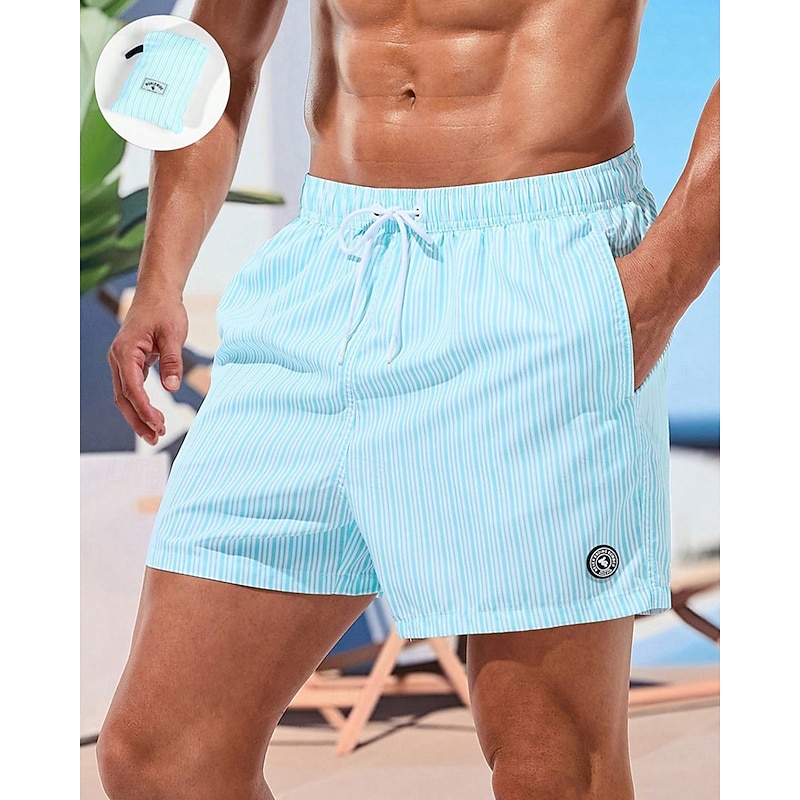 Men's Swim Shorts Board Shorts Swim Trunks Stripes Quick dry Breathable Drawstring Elastic Waist Vacation Beach Hawaiian Casual Light Blue2
