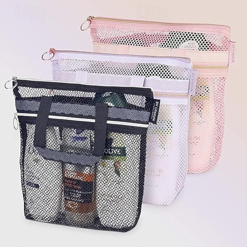 Beach Bag Mesh Shower Bag,Portable Shower Caddy Transparent Mesh Cosmetic and Toiletry Travel Organizer, Lightweight Mesh Sandproof Bag for Beach, Bathroom, or Gym – 3 Colors