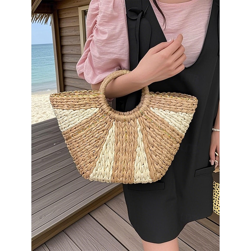 Women's Stylish Woven Straw Beach Bag with Circular Handles, Large Capacity, Eco-friendly Boho Design, Perfect for Summer, Vacations and Day Trips2