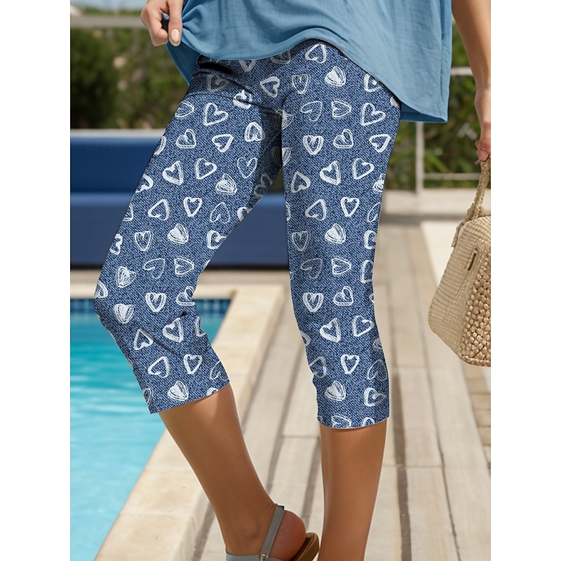 Women's Leggings Vacation Vintage Fashion Calf-Length High Waist Heart Graphic Printing Breathable Soft Stretchy Formal Outdoor Vacation Robin's Egg Blue Navy Sky Blue White Summer Spring Slim Fit4