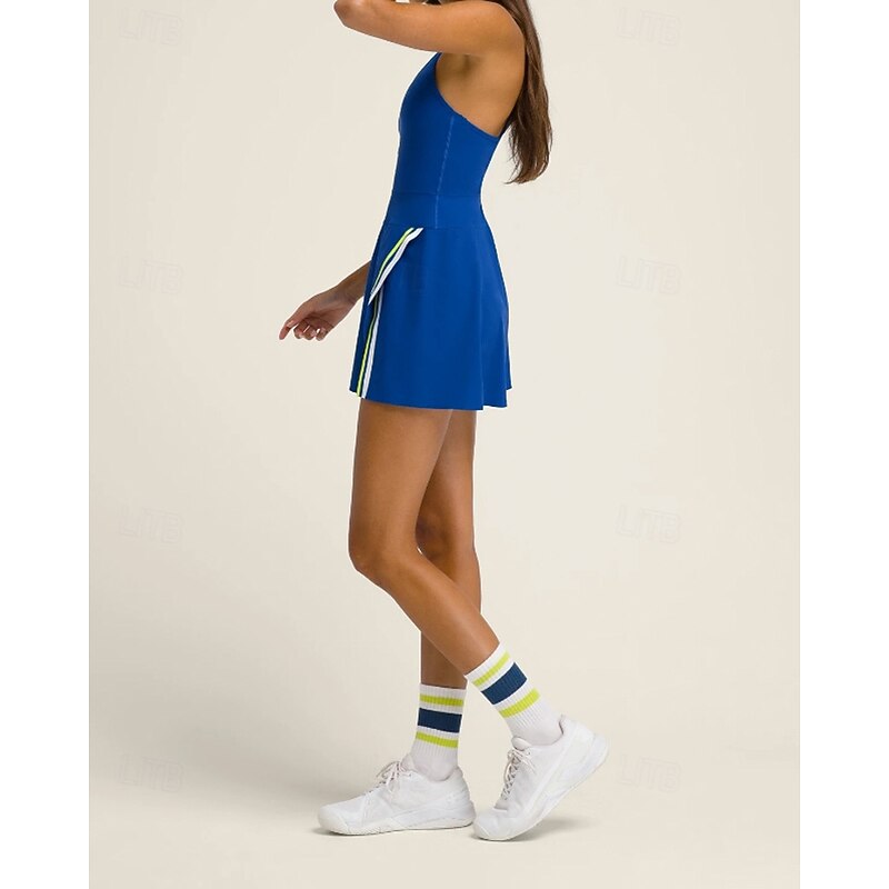 Women's Patchwork Tennis Dress with Built in Shorts and Bra Sports Dress 2pcs Sleeveless Contrast Binding Split Breathable Tennis Golf Pickleball Halter Neck Racerback Black White Blue Tennis Clothing3