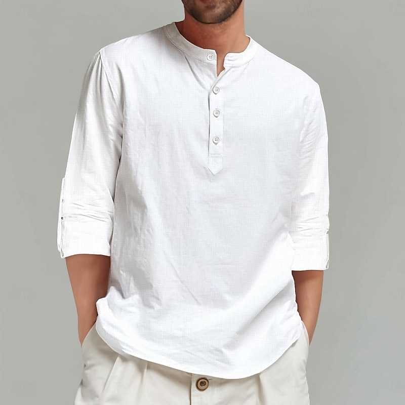 Men's Shirt Linen Shirt Summer Shirt Beach Shirt Solid Color Vacation Casual Black White Pink Blue Long Sleeve Henley Clothing Apparel Plain