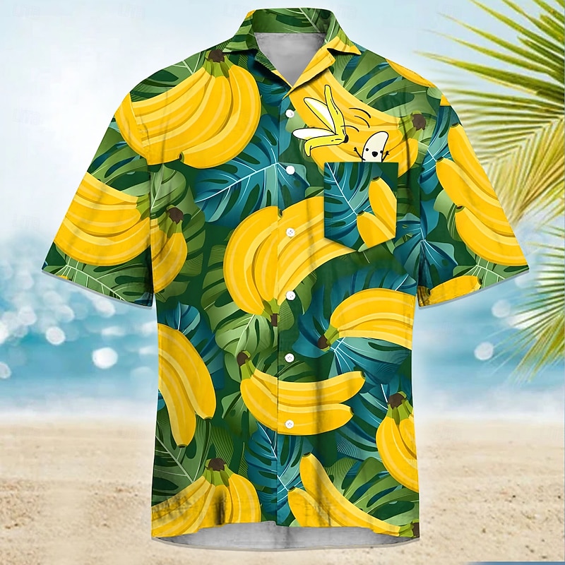 Men's Funny Banana Cuban Collar Shirt Summer Hawaiian Shirt Aloha Shirt Short Sleeve Hawaiian Vacation Holiday Beach Wear Summer Spring Camp Collar Shirt 3D Print Front One Pocket Yellow Blue Green3