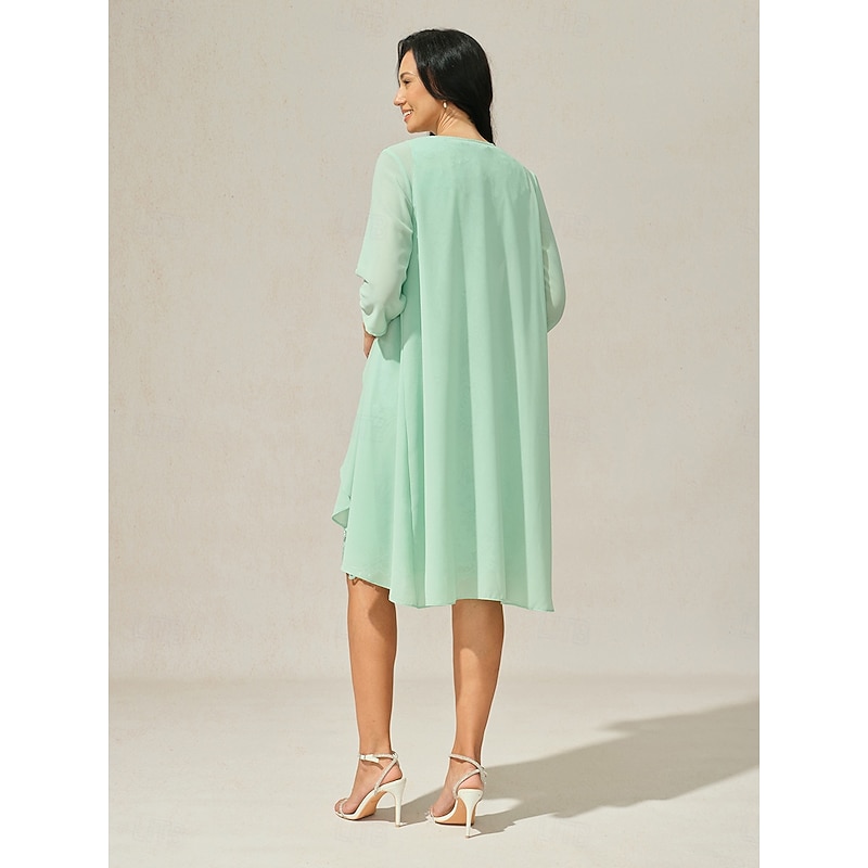 Women's Wedding Guest Cocktail Dress Set Chiffon Lace V Neck 3/4 Length Sleeve Mini Dress Party Elegant Formal Light Green Summer Spring 9
