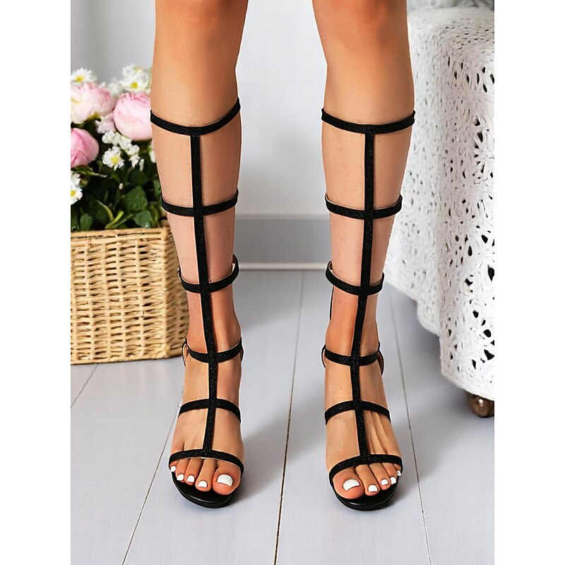 Women's Black Gladiator Knee-High Sandals – Strappy Roman Style with Low Block Heel for Music Festivals & Summer Outings4