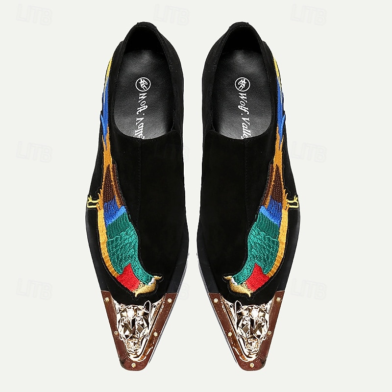 Men's Embroidered Velvet Leather Loafers with Colorful Bird Design and Metal Toe – Luxury Slip-On Formal Shoes for Parties and Weddings4
