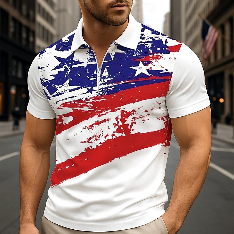 Independence Day Men's American US Flag Zip Polo Short Sleeve Turndown Casual / Sporty Sports & Outdoor Athleisure 3D Print Summer Blue White - Main Image