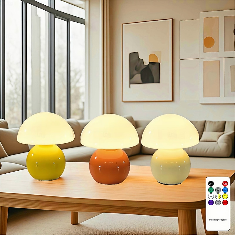 3-Color Table Lamp Mushroom Adjustable Remote Control Ceramic Lamp Bedroom Bedside Lamp Cream Style Mushroom Table Lamp Bedroom Decoration Small Night Light Study Lighting   USB 1PC2